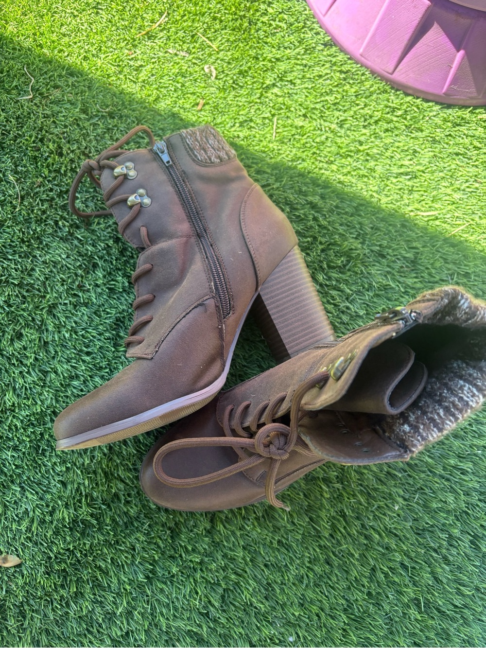 Women's Brown Lace-Up Block Heel Ankle Boots with Zip